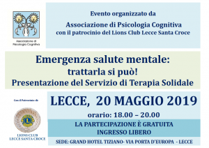 Lecce, Emergenza salute mentale: trattarla si può! Presentazione del Servizio di Terapia Solidale @ c/o Grand Hotel Tiziano