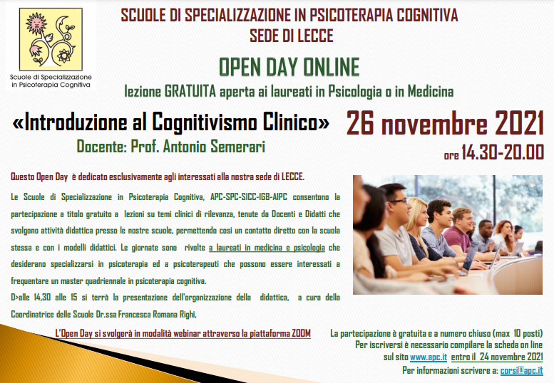 OPEN DAY ON LINE - sede di LECCE - «Introduzione al Cognitivismo Clinico»