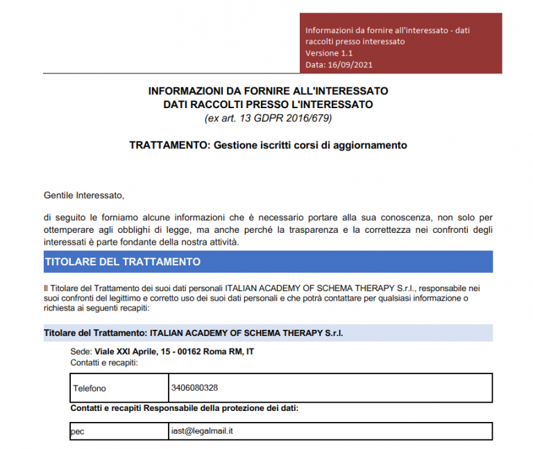 NFORMAZIONI DA FORNIRE ALL’INTERESSATO DATI RACCOLTI PRESSO L’INTERESSATO (ex art. 13 GDPR 2016/679) TRATTAMENTO: Gestione iscritti corsi di aggiornamento