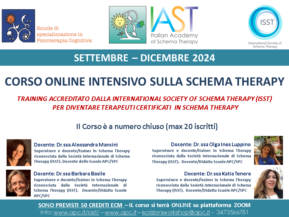 CORSO ONLINE INTENSIVO SULLA SCHEMA THERAPY – SETTEMBRE-DICEMBRE 2024