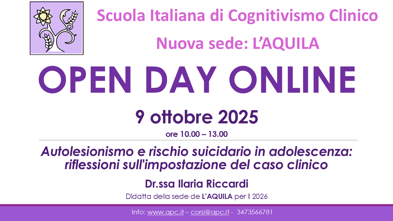 OPEN DAY ONLINE - Nuova sede a L’AQUILA - "Autolesionismo e rischio suicidario in adolescenza: riflessioni sull'impostazione del caso clinico"