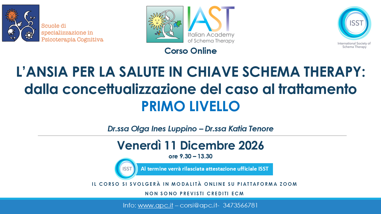 L’ANSIA PER LA SALUTE IN CHIAVE SCHEMA THERAPY - Primo Livello - 11 dicembre 2026
