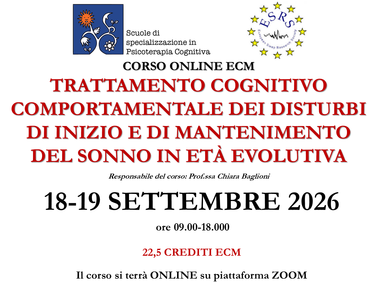 TRATTAMENTO COGNITIVO COMPORTAMENTALE DEI DISTURBI DI INIZIO E DI MANTENIMENTO DEL SONNO IN ETÀ EVOLUTIVA - 18-19 settembre 2026