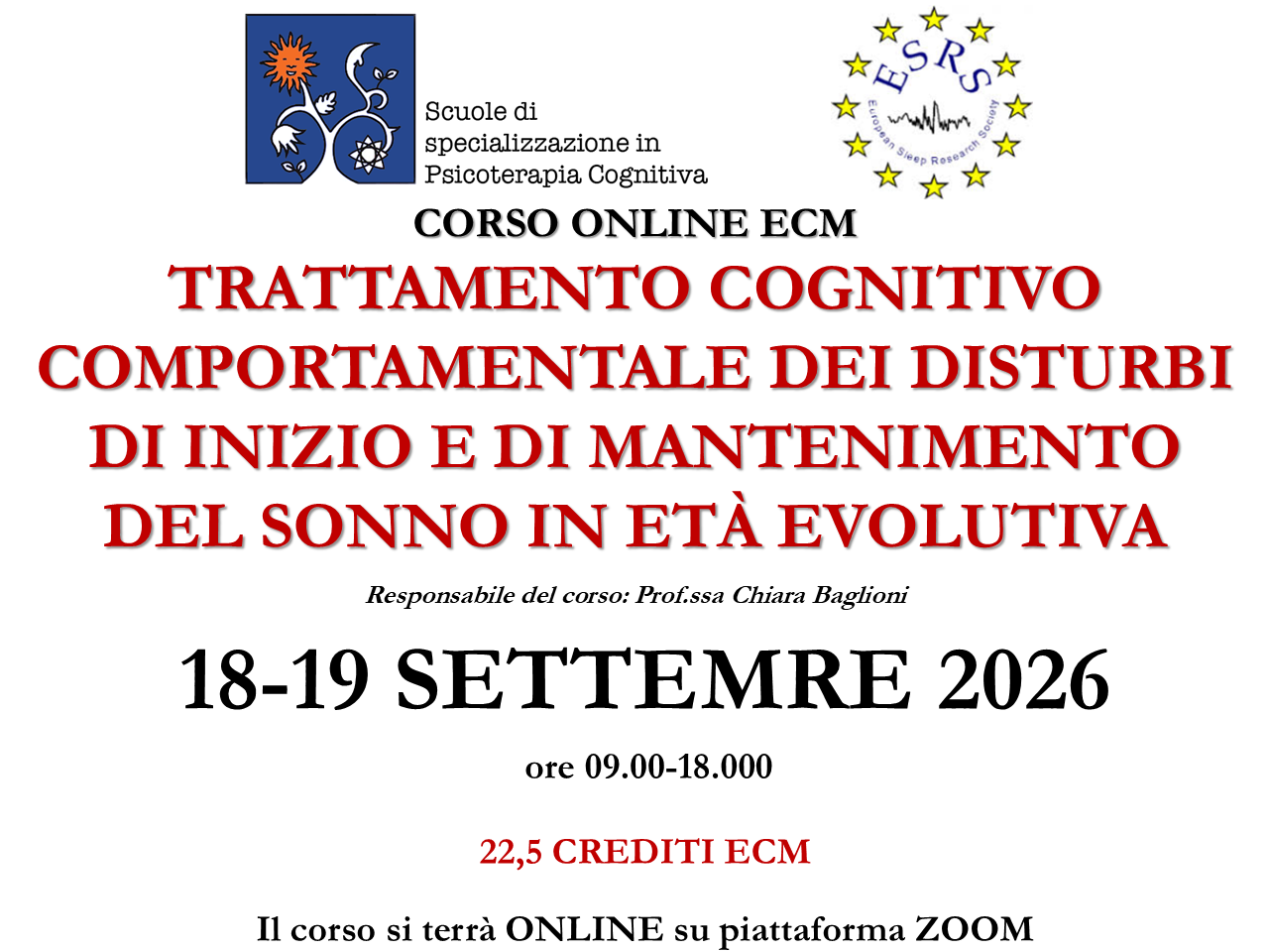 TRATTAMENTO COGNITIVO COMPORTAMENTALE DEI DISTURBI DI INIZIO E DI MANTENIMENTO DEL SONNO IN ETÀ EVOLUTIVA - 18-19 settembre 2026