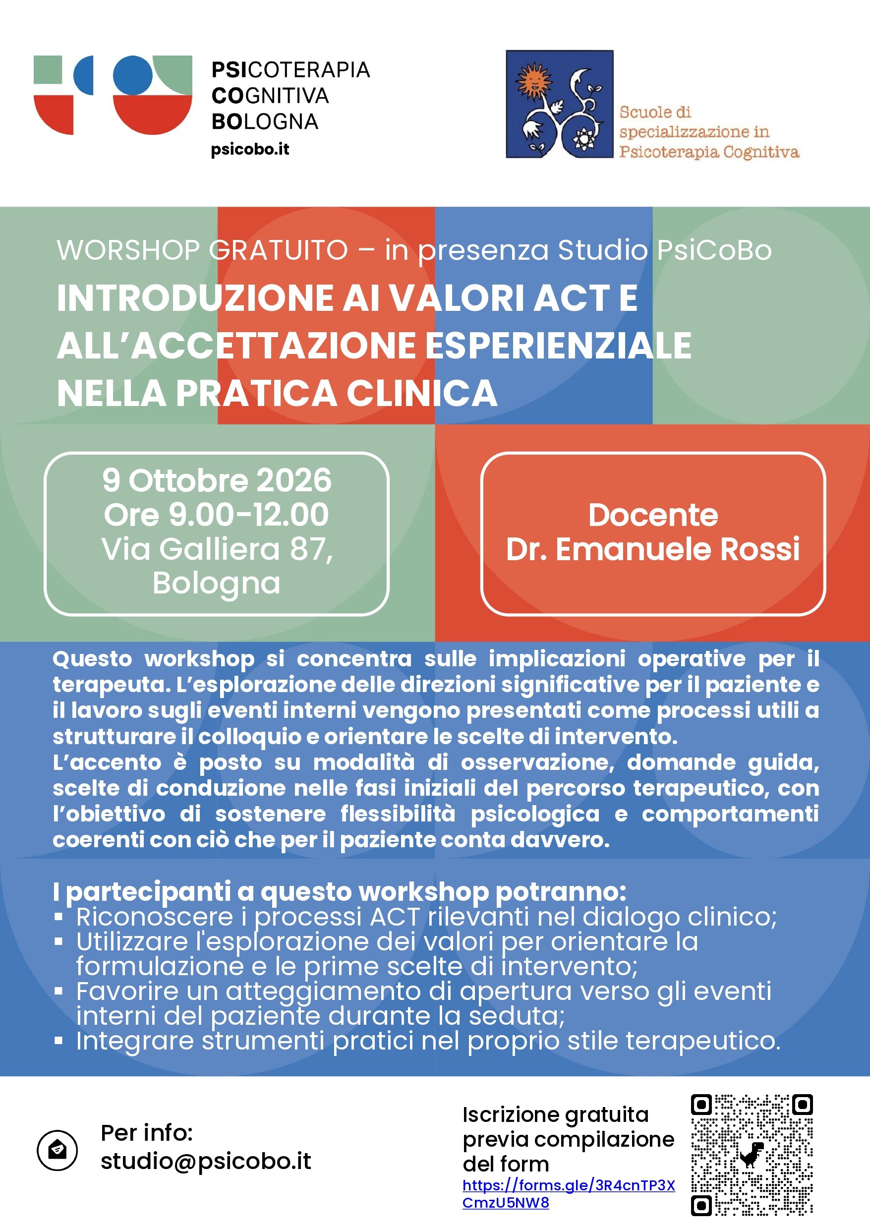 In Presenza BOLOGNA - Workshop Gratuito: "INTRODUZIONE AI VALORI ACT E ALL’ACCETTAZIONE ESPERIENZIALE NELLA PRATICA CLINICA"