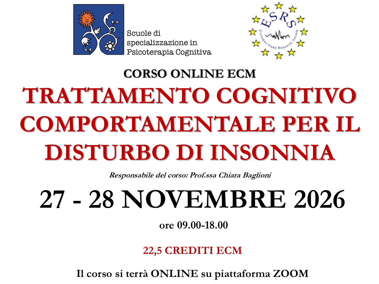 TRATTAMENTO COGNITIVO COMPORTAMENTALE PER  IL DISTURBO DI INSONNIA - 27-28 novembre 2026