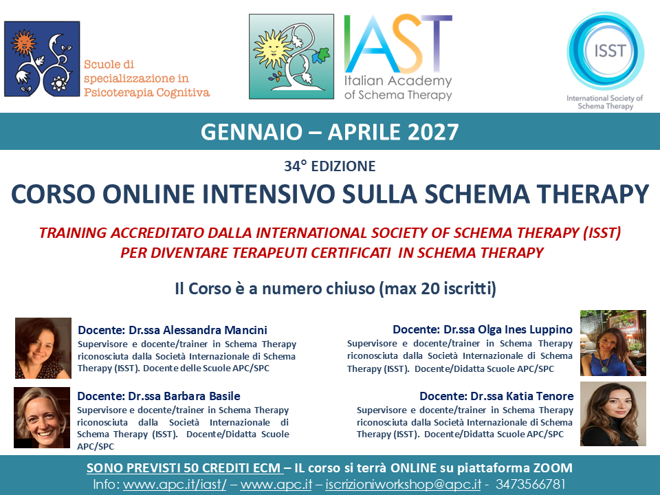 34° EDIZIONE - CORSO ONLINE INTENSIVO SULLA SCHEMA THERAPY – GENNAIO–APRILE 2027