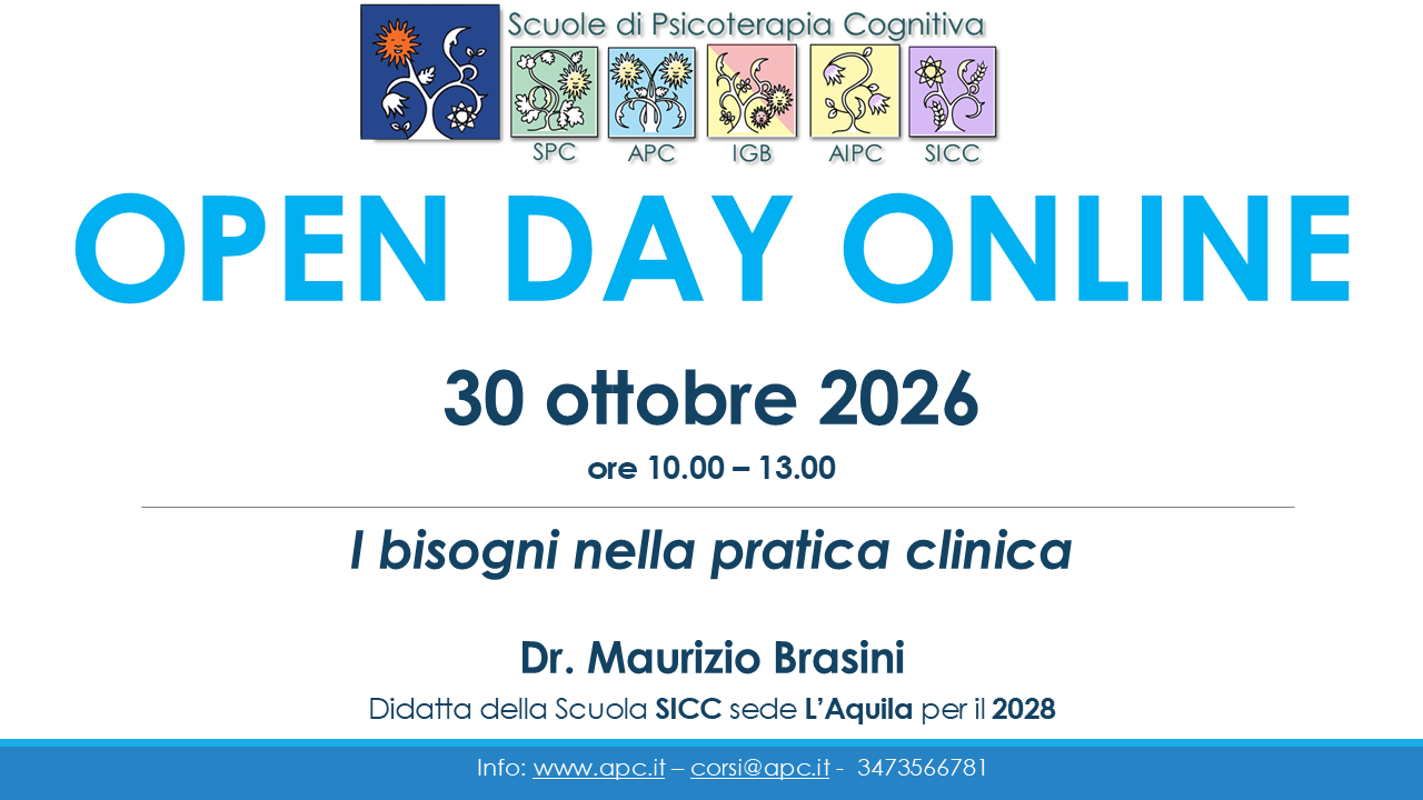 OPEN DAY ONLINE Scuole di Psicoterapia Cognitiva - "I bisogni nella pratica clinica"